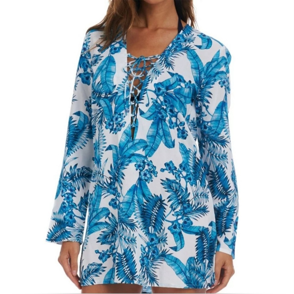 La Blanca White and Blue Aquamarine Tropical Lace-Up Swim Tunic Cover Up